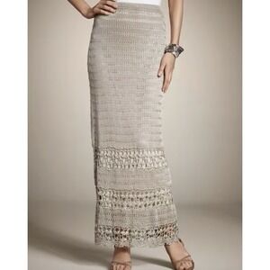 Chico's Tan Lined Crochet Midi Skirt Elastic Women's Size (1) Medium 8-10 NWT